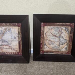 Vintage World Map Framed Wall Art Set - Brown and Red